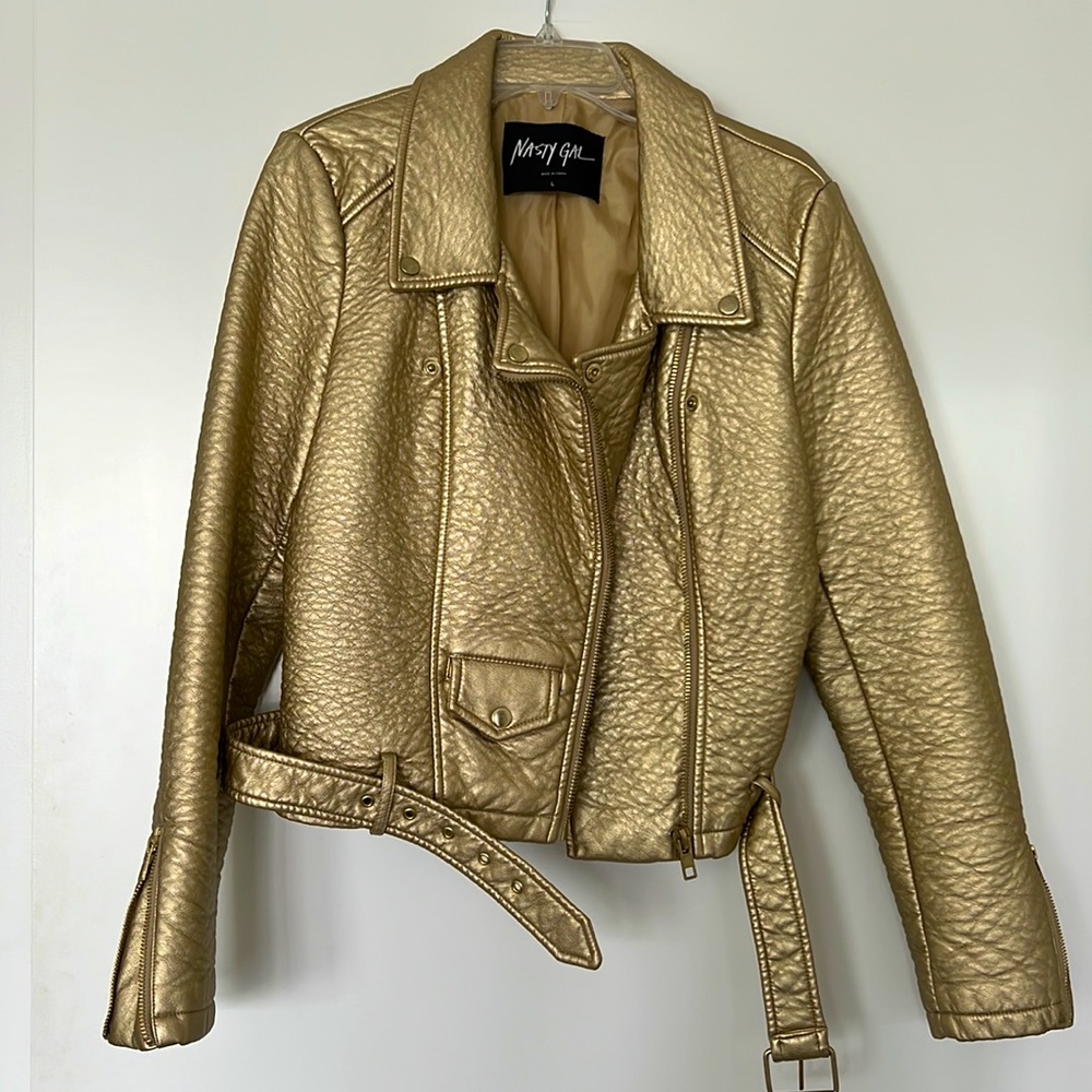 Gold faux leather moto jacket only worn once from Nasty Gal